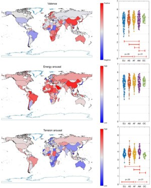 176개국 국가(國歌) 감정 분석, 적도 가까울수록 더 활기차고 북쪽 더 슬퍼